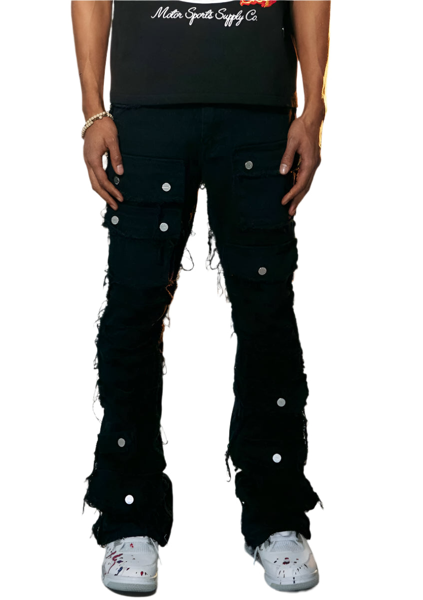 FIRST ROW UNISEX CUT & SEWN SILVER BUTTON STACKED PANTS