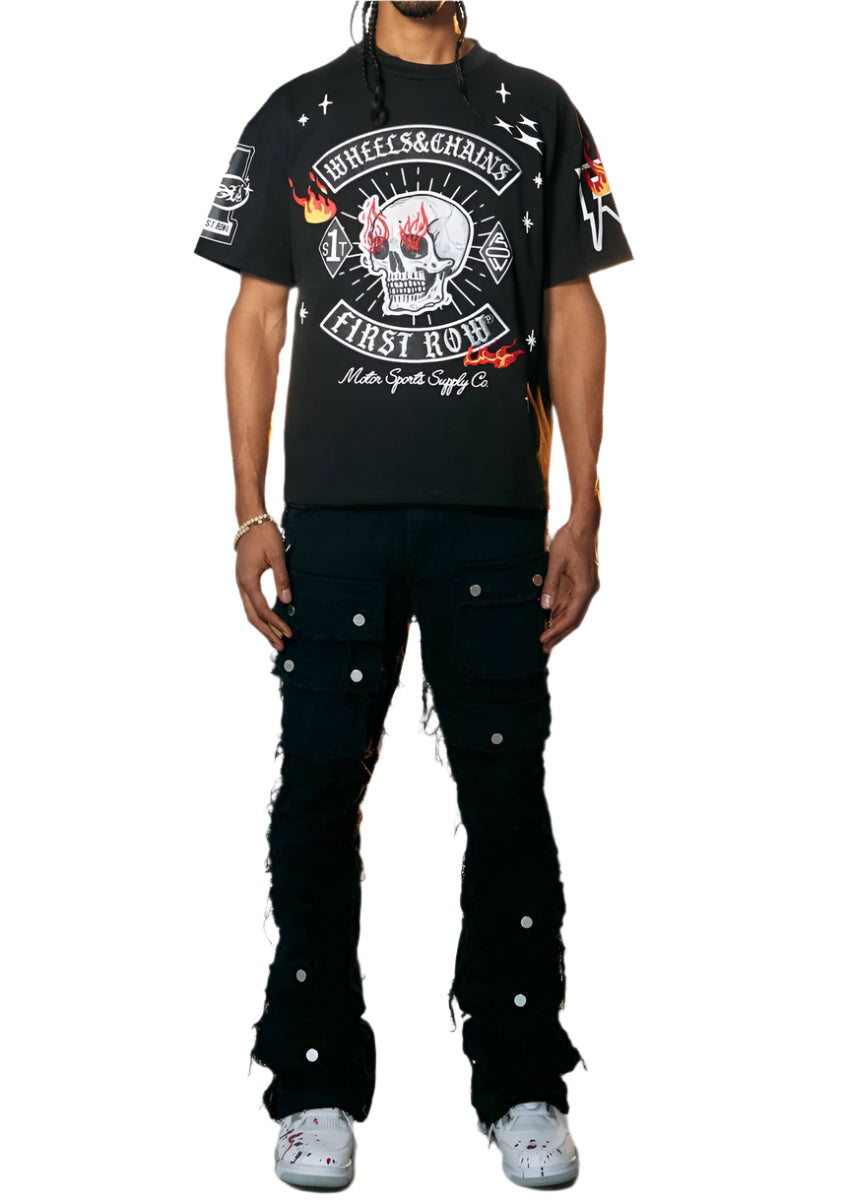 FIRST ROW UNISEX CUT & SEWN SILVER BUTTON STACKED PANTS