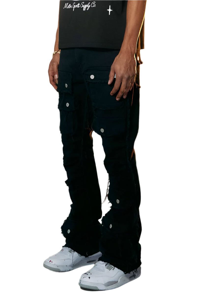 FIRST ROW UNISEX CUT & SEWN SILVER BUTTON STACKED PANTS