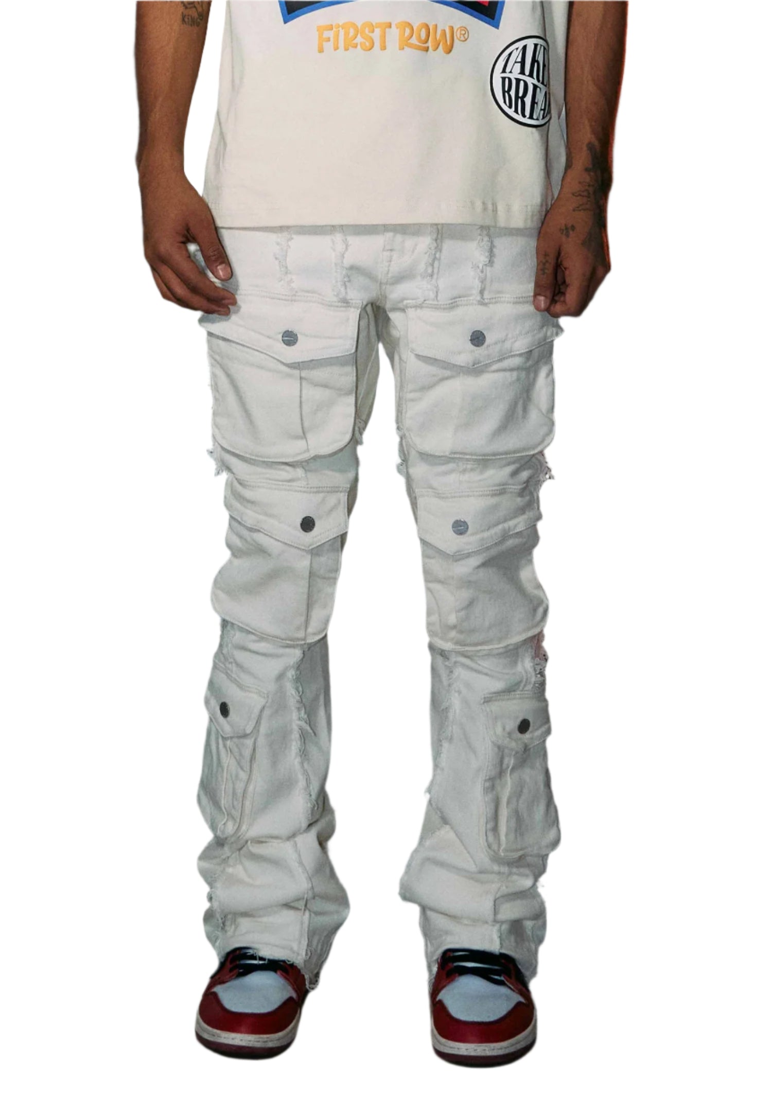 FIRST ROW CUT & SEWN WHITE PANTS WITH POCKETS