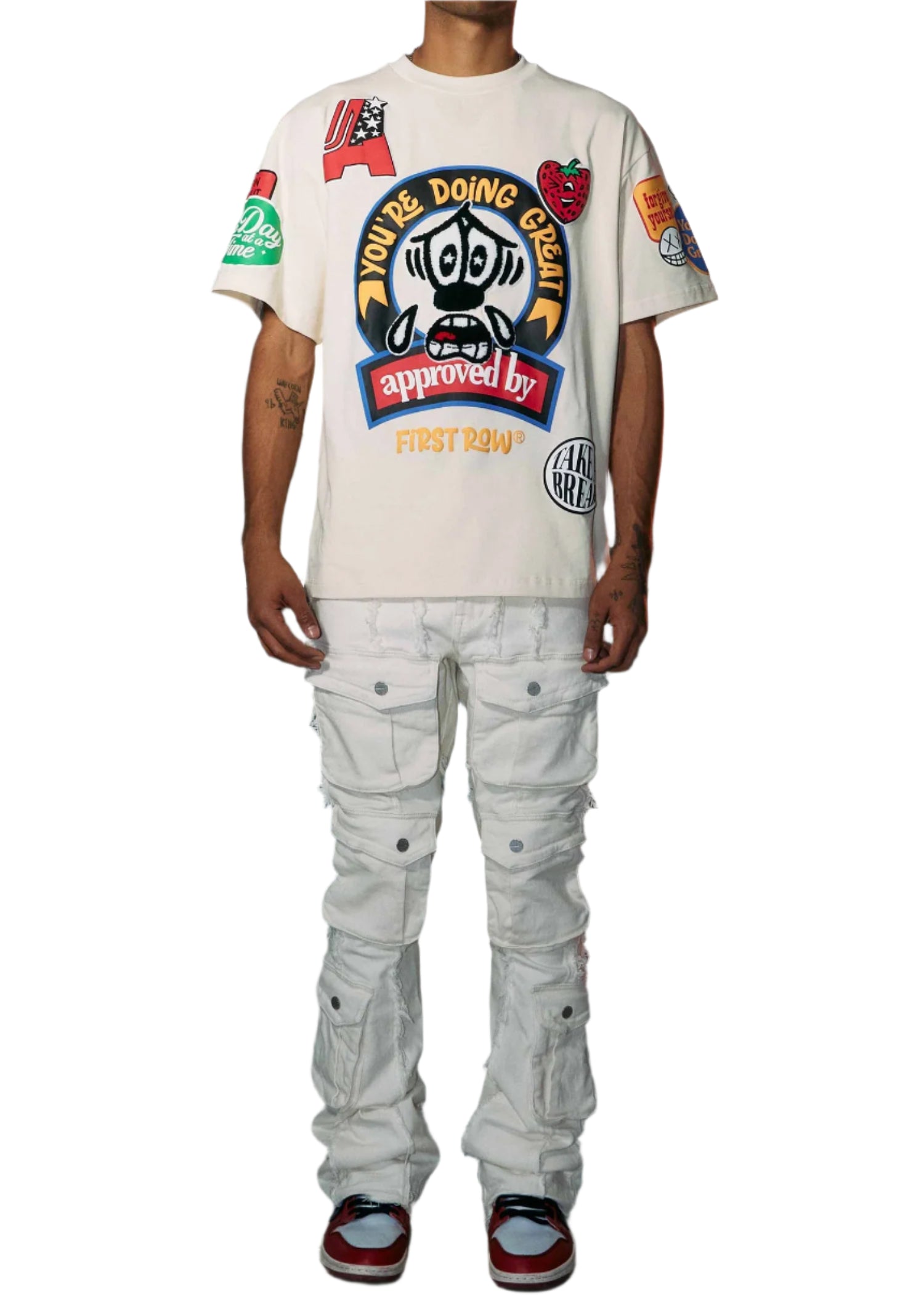 FIRST ROW CUT & SEWN WHITE PANTS WITH POCKETS