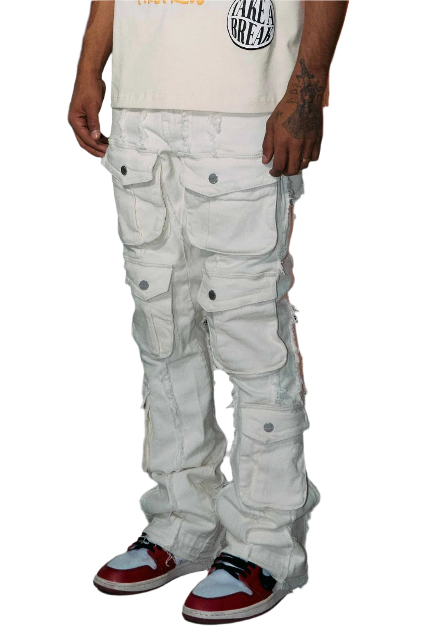 FIRST ROW CUT & SEWN WHITE PANTS WITH POCKETS