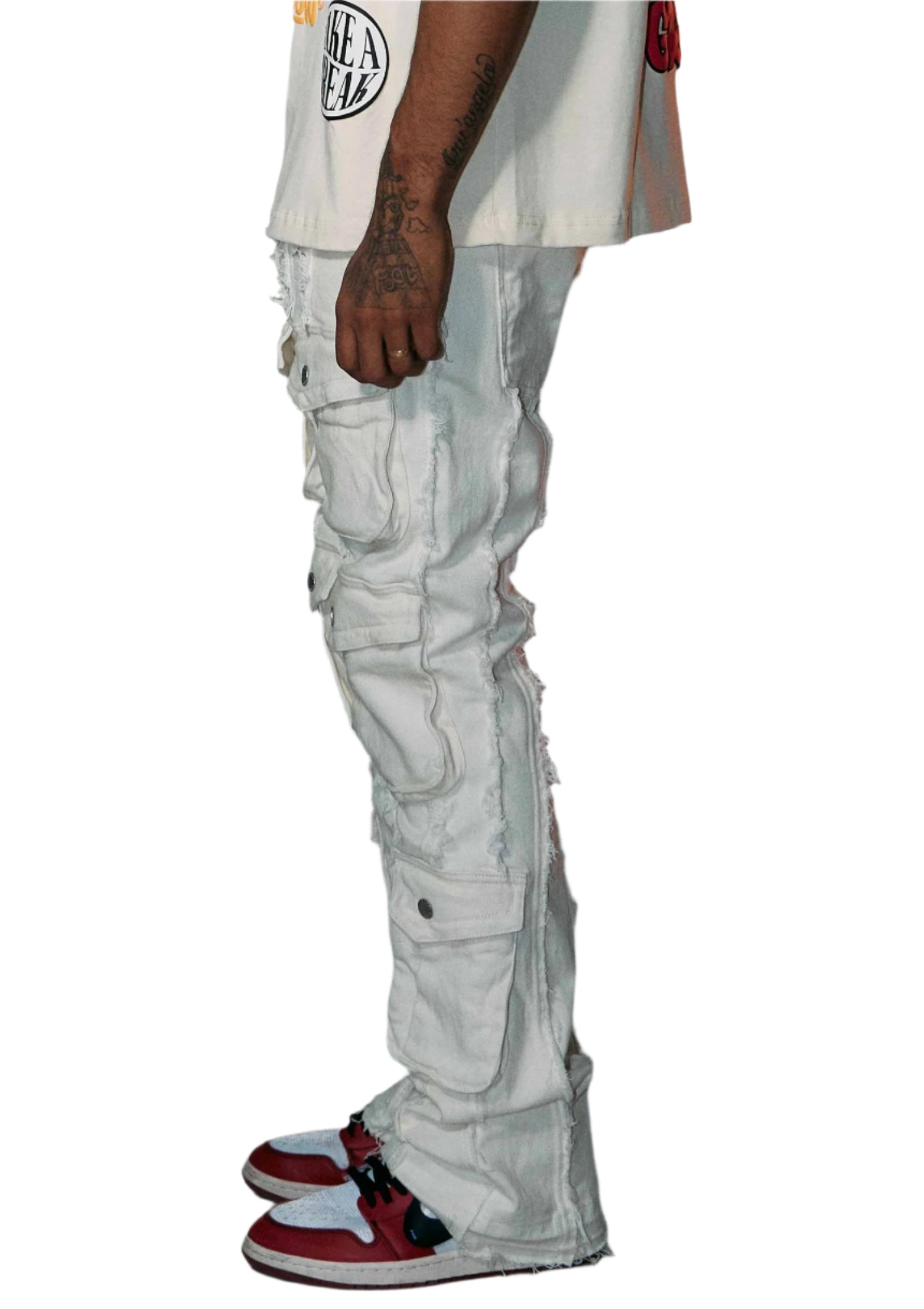 FIRST ROW CUT & SEWN WHITE PANTS WITH POCKETS