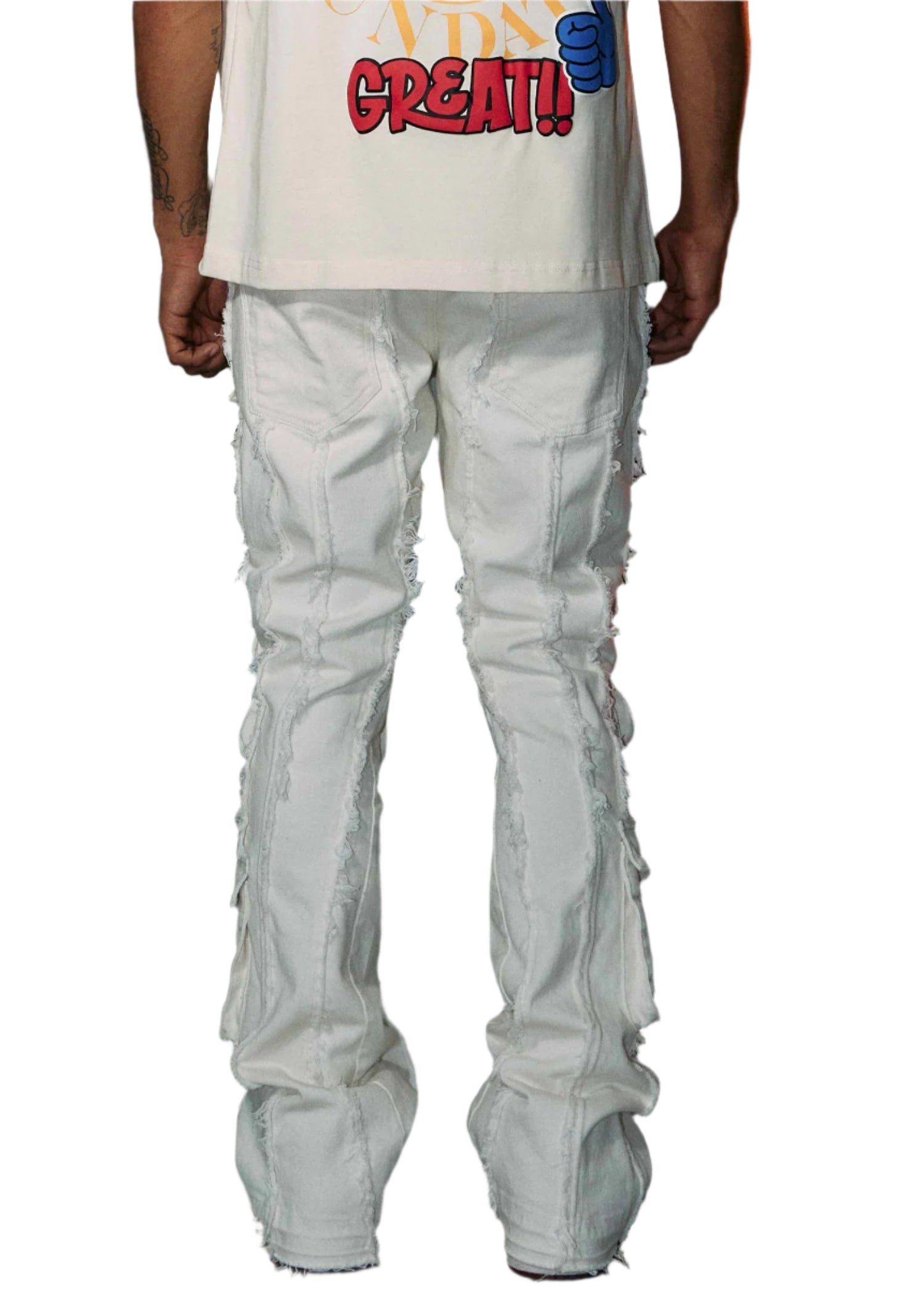 FIRST ROW CUT & SEWN WHITE PANTS WITH POCKETS