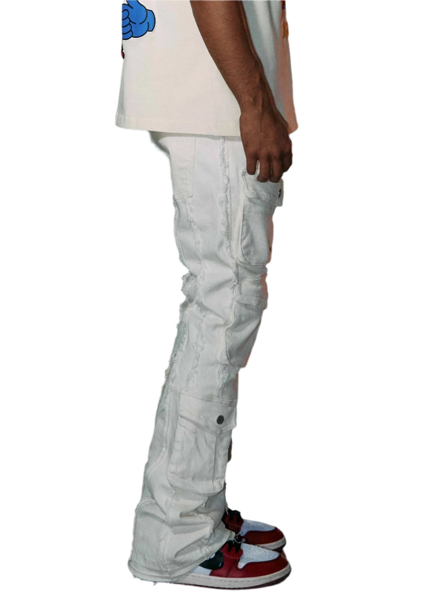 FIRST ROW CUT & SEWN WHITE PANTS WITH POCKETS
