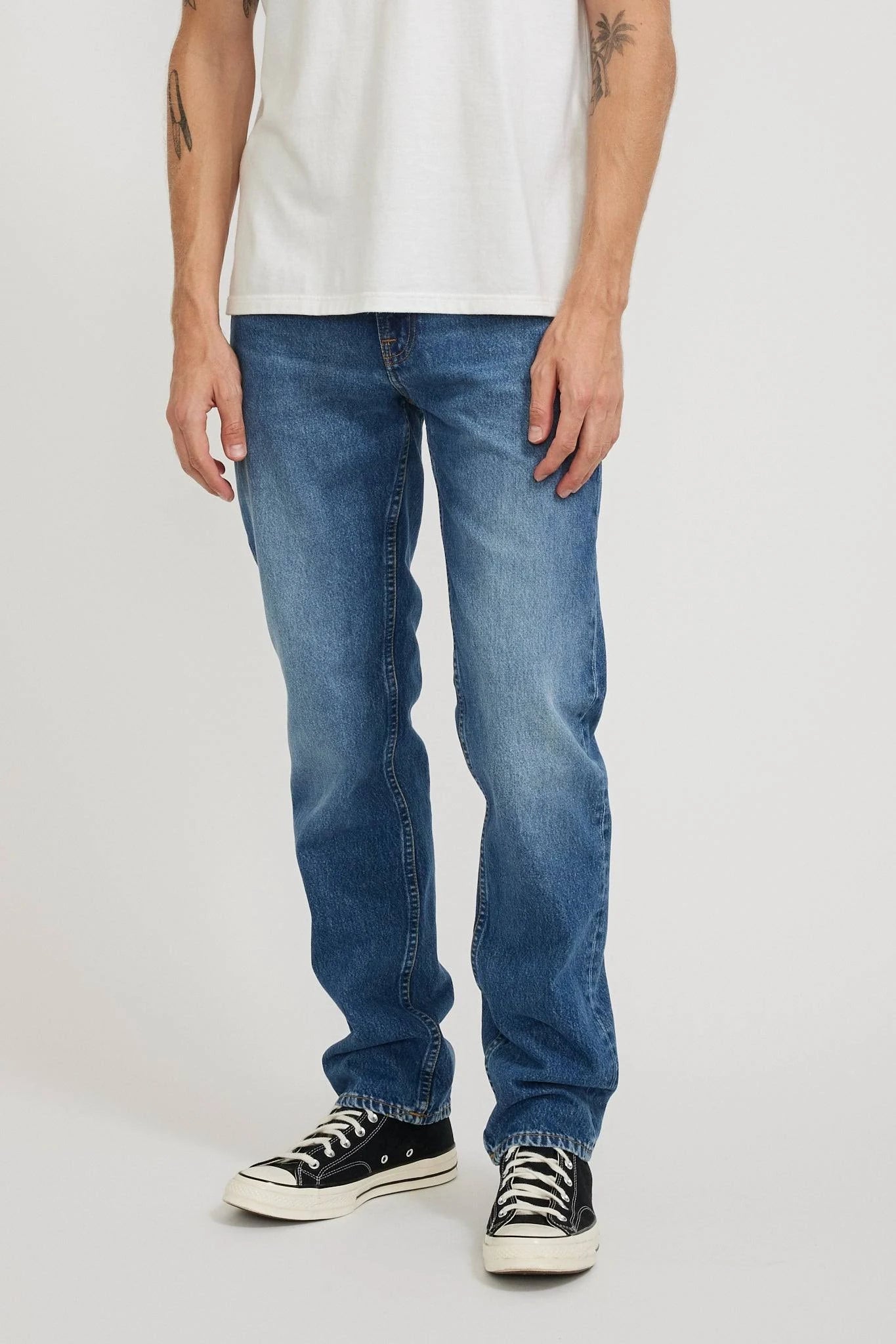 NUDIE JEANS GRITTY JACKSON DAY DREAMER MID BLUEN DENM WITH CONTRASTED WASH